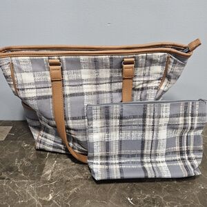 Thirty-one Plaid Tote and Pouch Set with Tan Straps